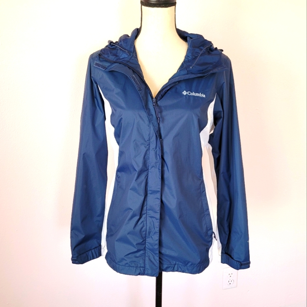 Columbia Omni-Tech Waterproof Breathable Packable Blue & White Nylon Jacket Med